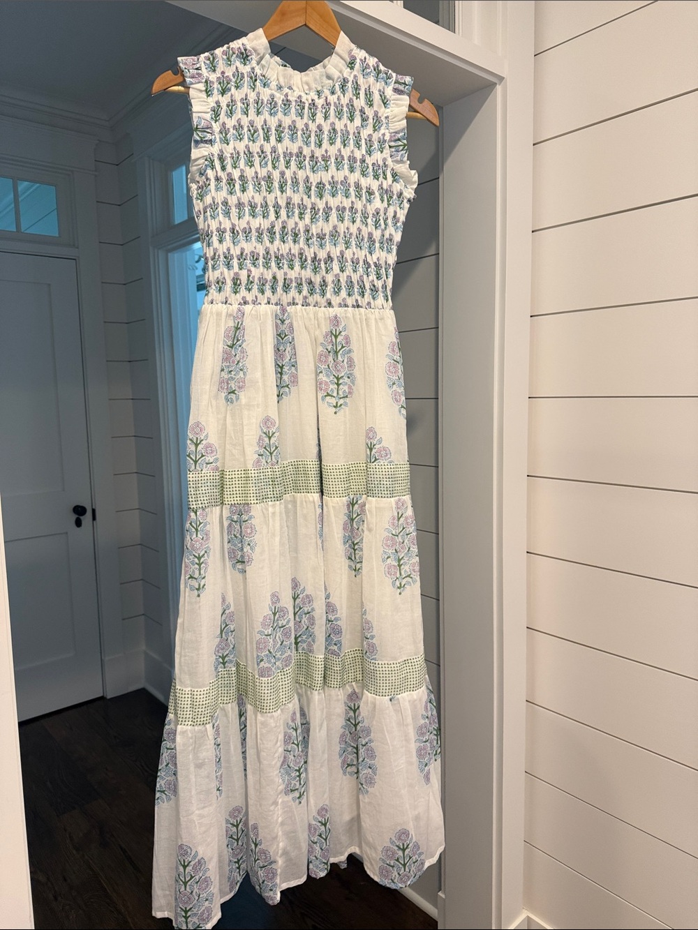 Oliphant White Maxi Dress with Blue and Green Floral Motif XXS